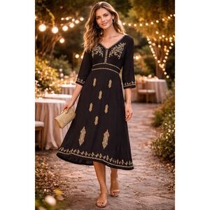 Garnet Hill Black Embroidered Dress Boho Midi Viscose Cottagecore Folk Size 10